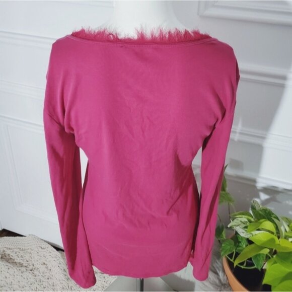 Banana Republic Feathered Trim Boat Neck Magenta Long Sleeved Henley Top - Picture 7 of 9